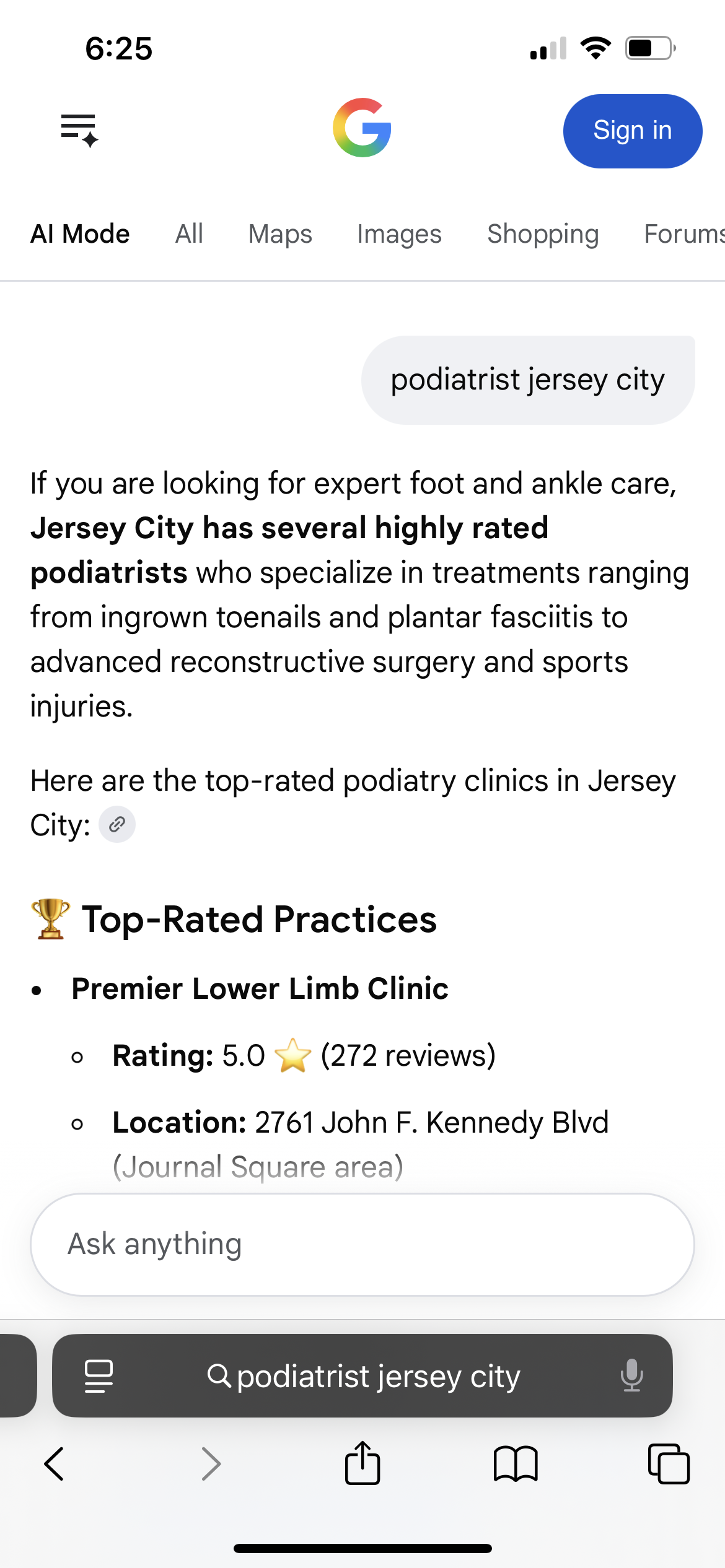 Google AI Mode search for podiatrist jersey city listing Premier Lower Limb Clinic first under Top-Rated Practices