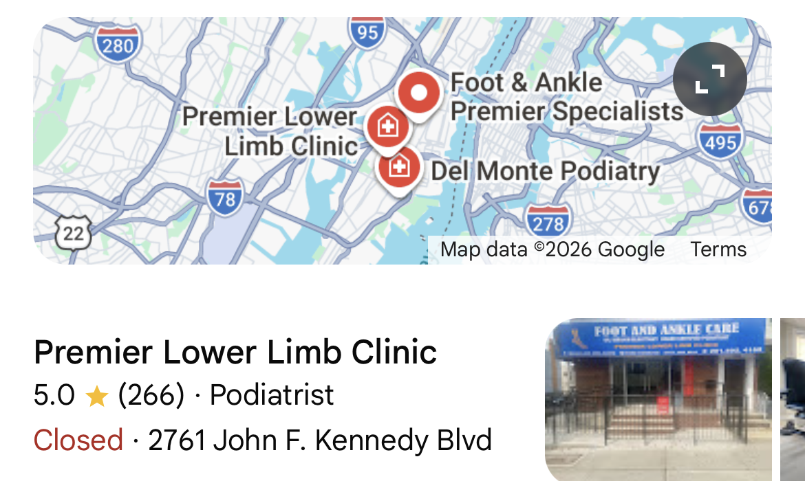 Google AI Overview ranking Premier Lower Limb Clinic first for the best podiatrist in Jersey City, New Jersey